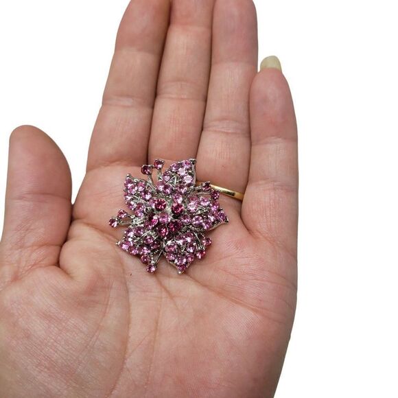 Vintage Floral Flower Brooch Pin Pendant Pink Purple Rhinestone Silver Tone - Picture 3 of 7